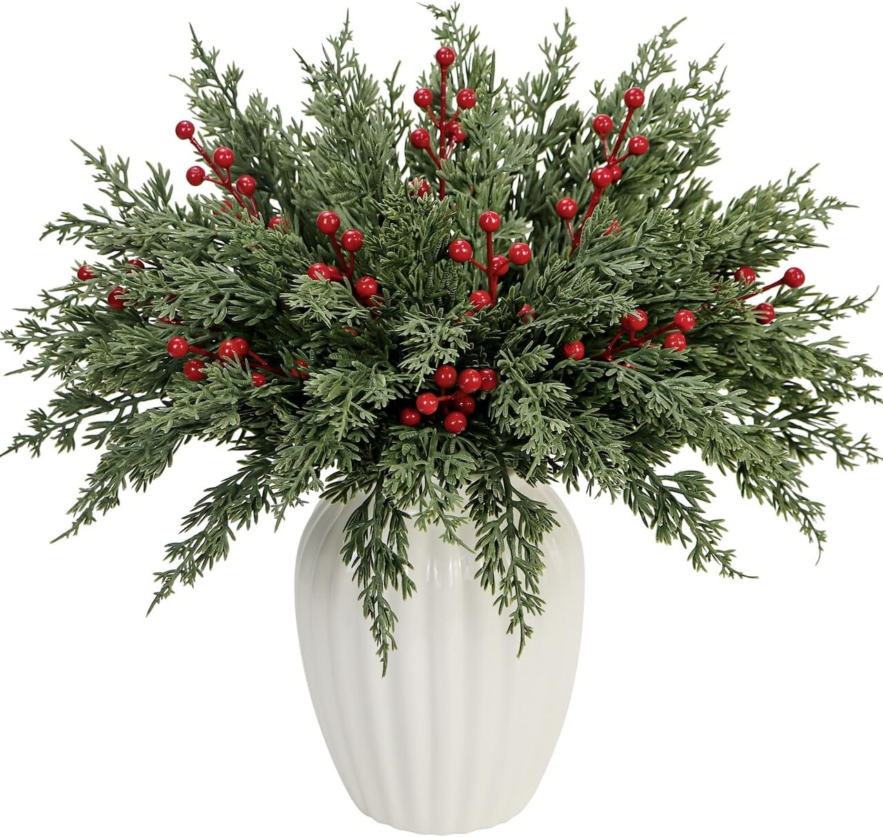 40 Pcs Artificial Pine Branches with Red Berry Picks (40, Green) 14"D x 0.3"W x 2"H